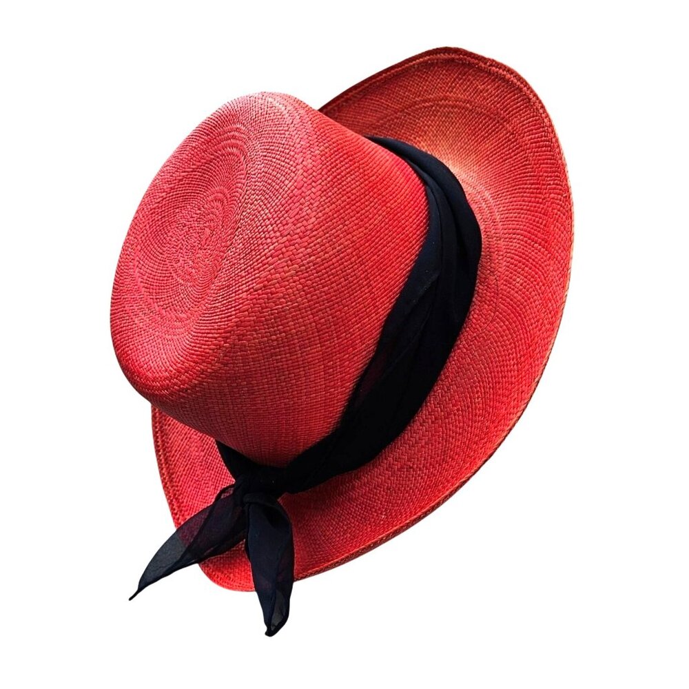 Vintage Red Straw Hat by Saks Fifth Avenue Union Label USA 22.5" Medium - Picture 2 of 16